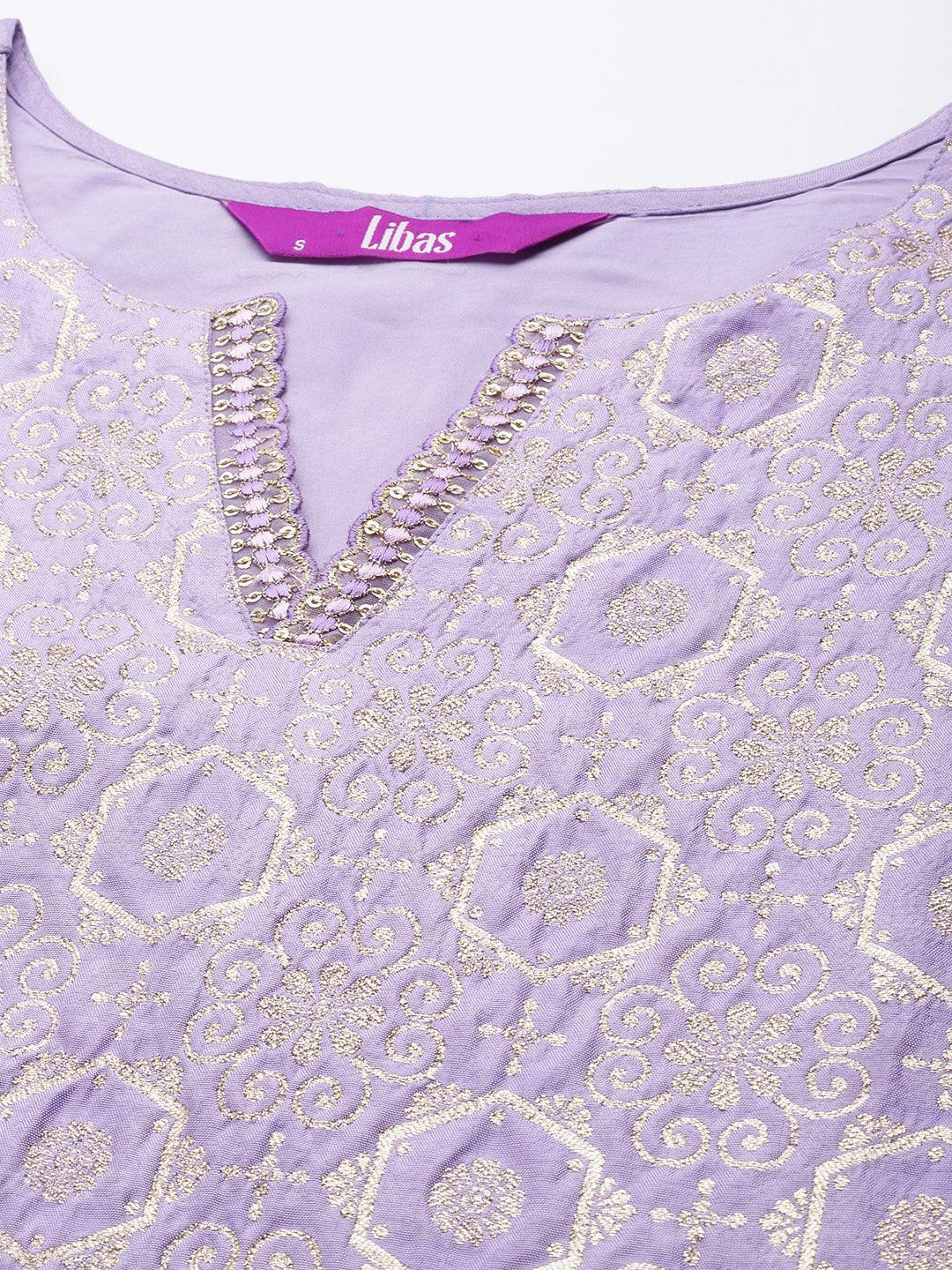 Lavender Woven Design Silk Blend Straight Suit Set - ShopLibas