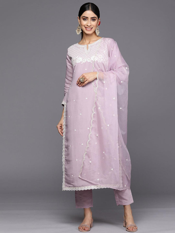Lavender Yoke Design Silk Blend Straight Suit Set With Trousers