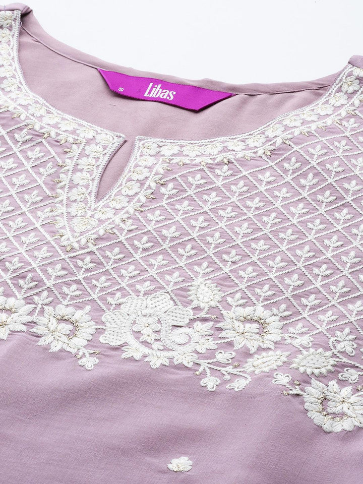 Lavender Yoke Design Silk Blend Straight Suit Set With Trousers