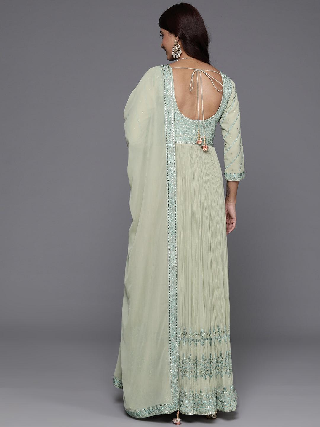 Libas Art Green Embroidered Georgette Anarkali Suit With Dupatta