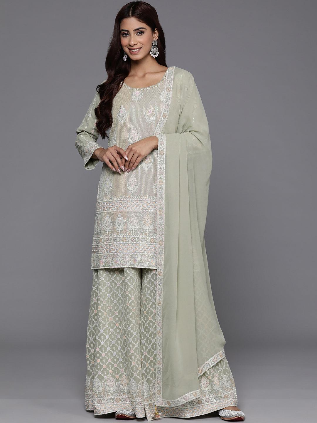 Libas Art Green Printed Georgette Straight Suit Set With Dupatta