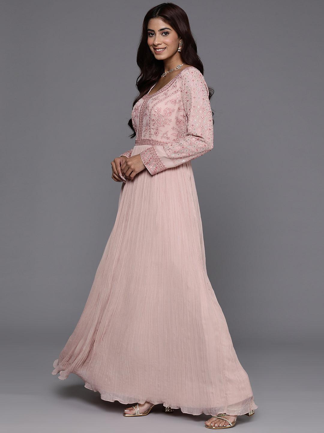 Libas Art Peach Embroidered Georgette Anarkali Suit With Dupatta