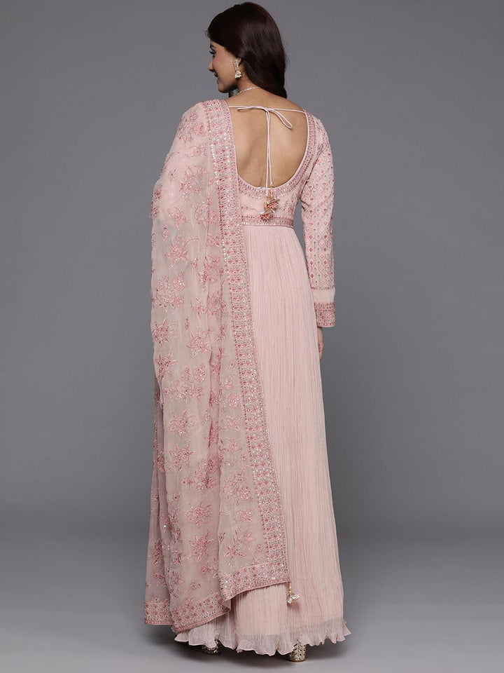 Libas Art Peach Embroidered Georgette Anarkali Suit With Dupatta