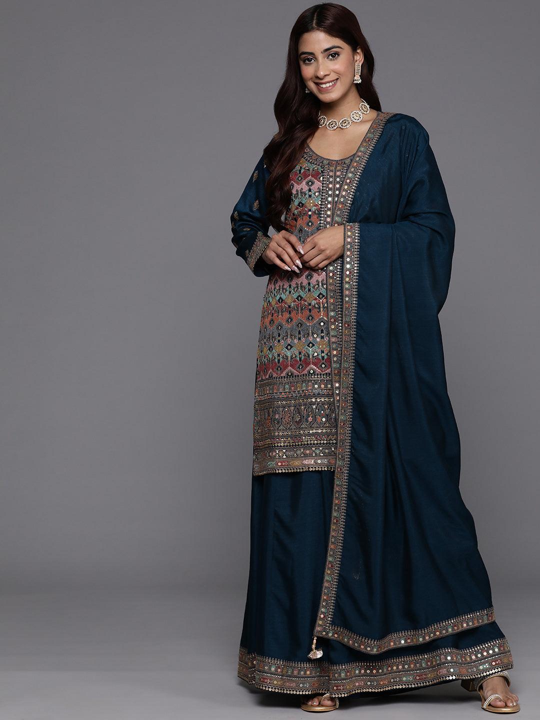 Teal Embroidered Silk Blend Straight Kurta Palazzo Set