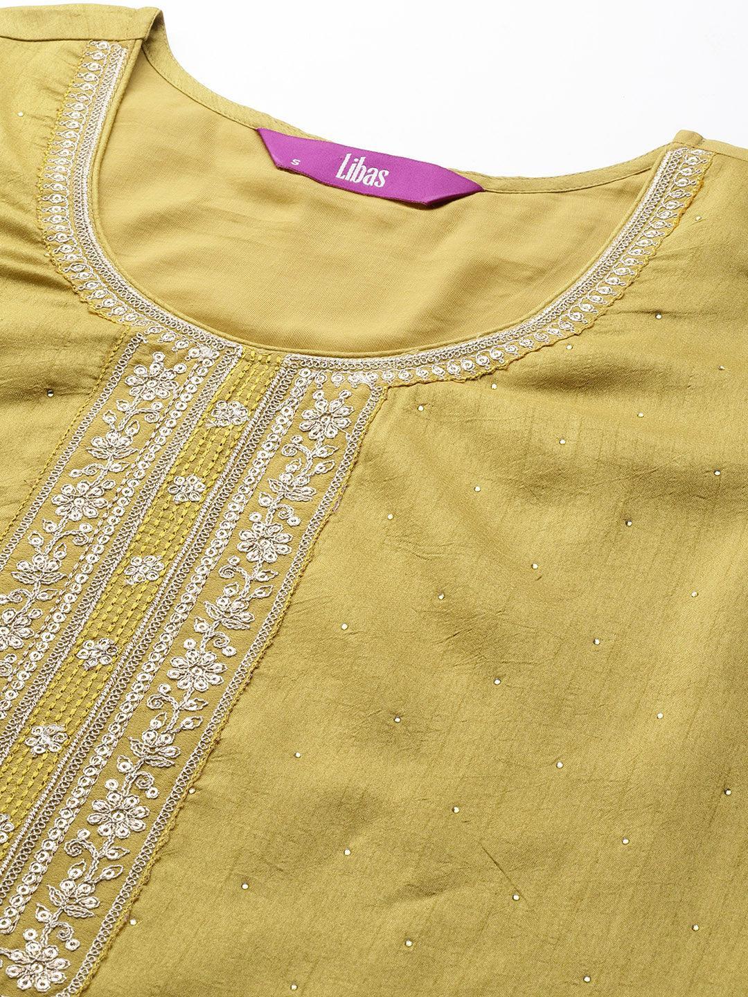 Lime Green Embroidered Silk Blend Straight Suit Set - ShopLibas