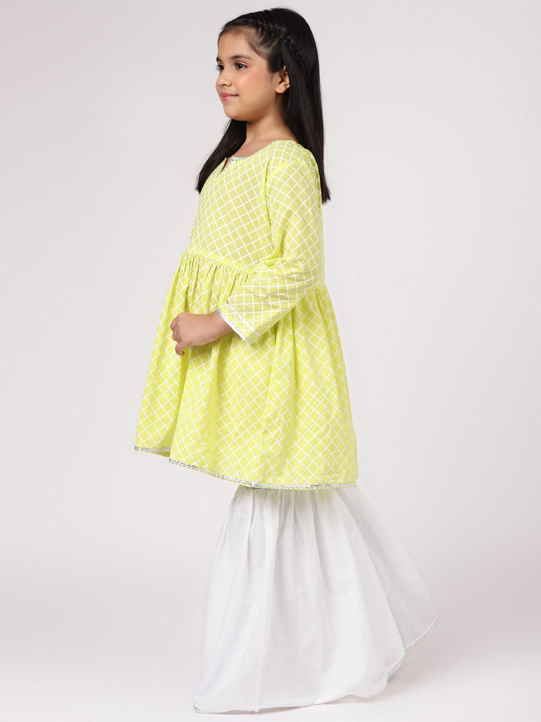 Lime Green Printed Cotton A-Line Suit Set - ShopLibas