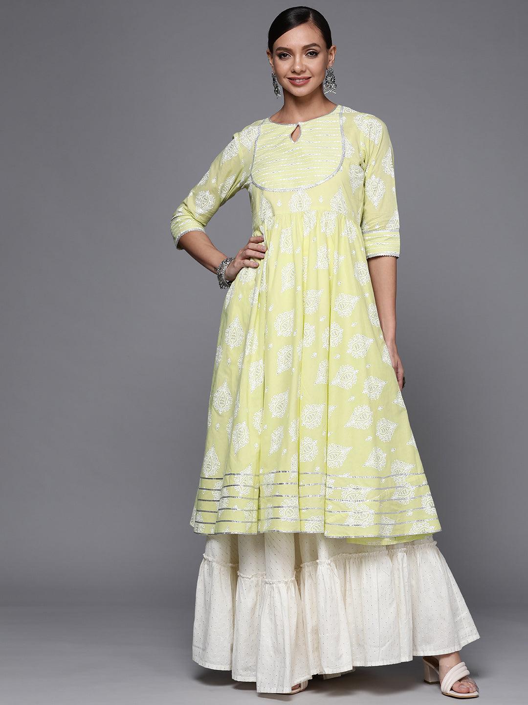 Lime Green Printed Cotton Anarkali Kurta - ShopLibas