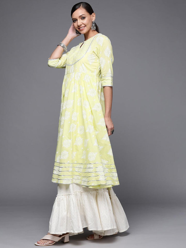 Lime Green Printed Cotton Anarkali Kurta