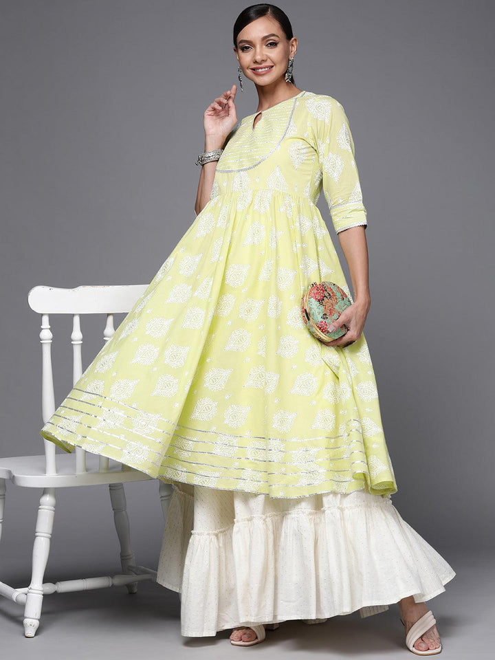Lime Green Printed Cotton Anarkali Kurta