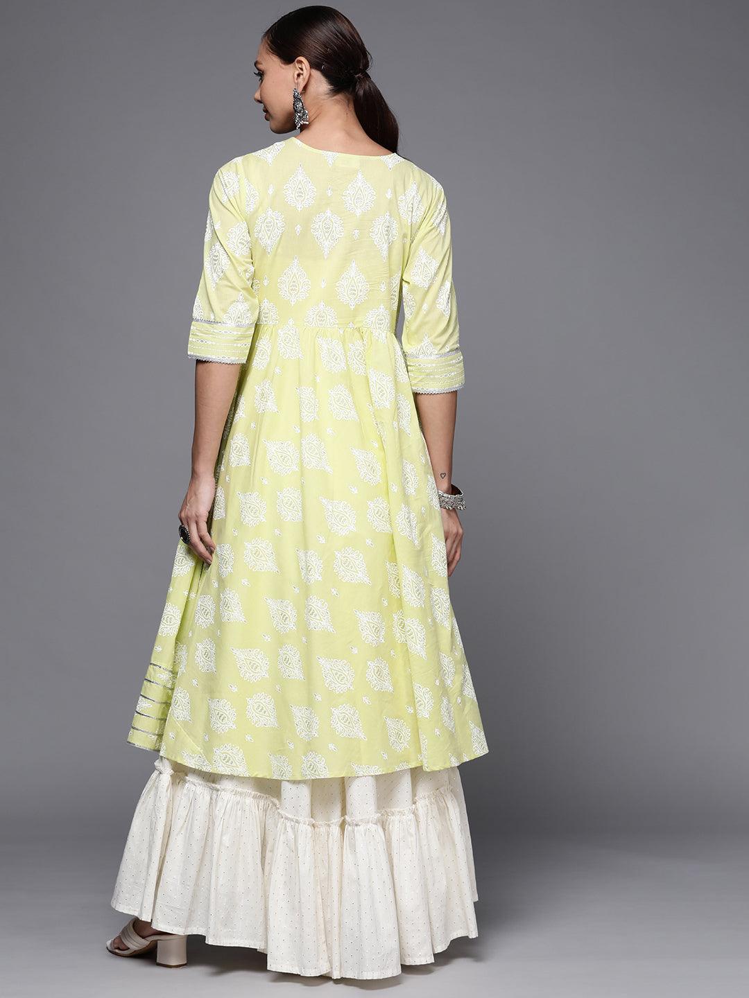Lime Green Printed Cotton Anarkali Kurta - ShopLibas