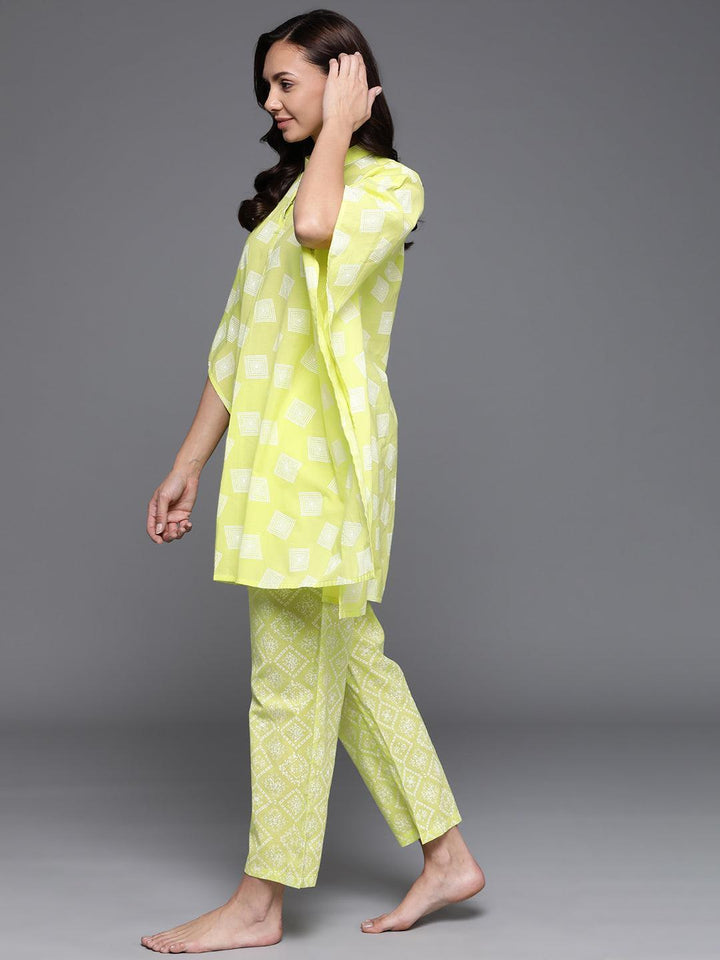 Lime Green Printed Cotton Night Suit