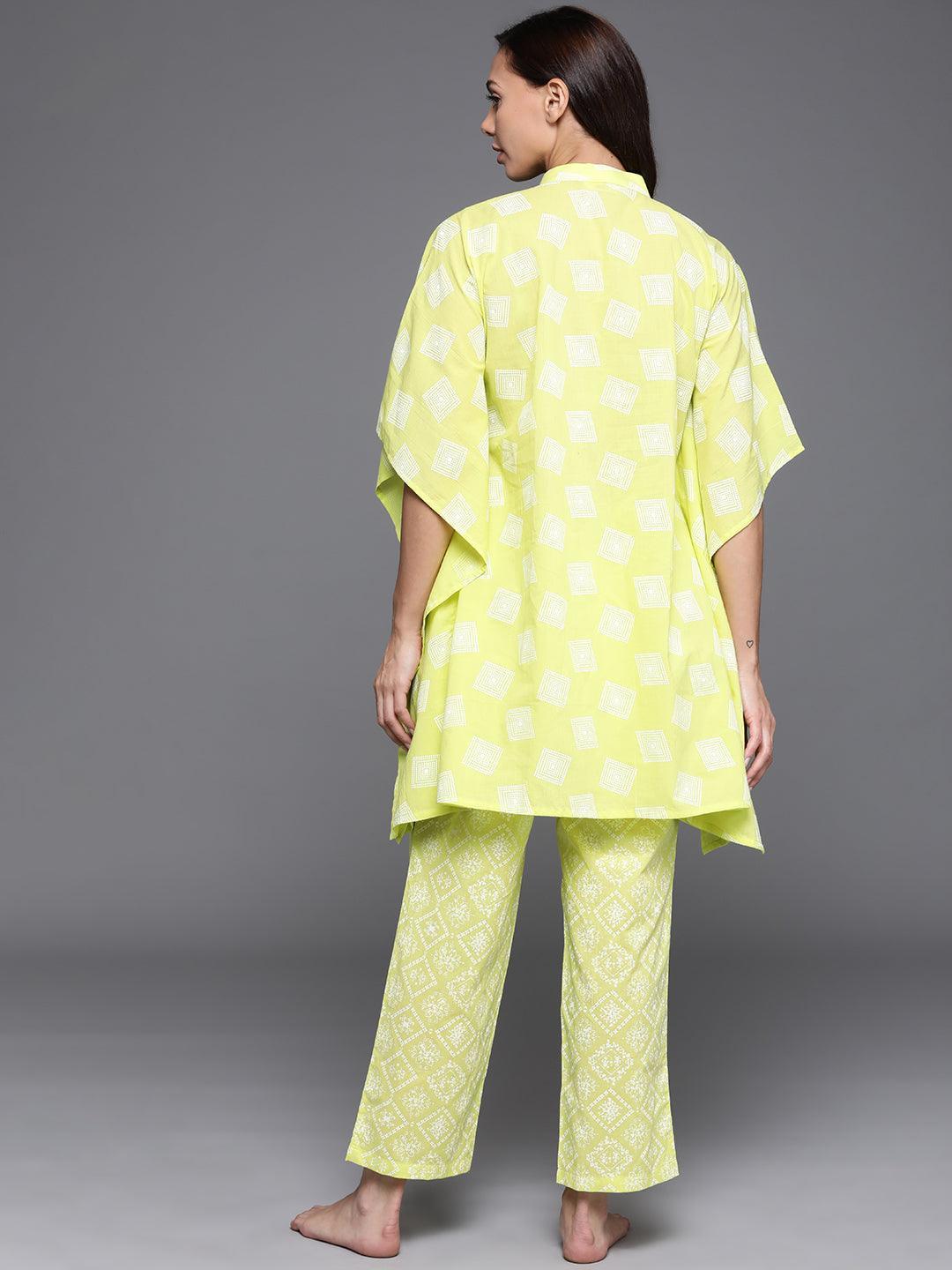 Lime Green Printed Cotton Night Suit - ShopLibas