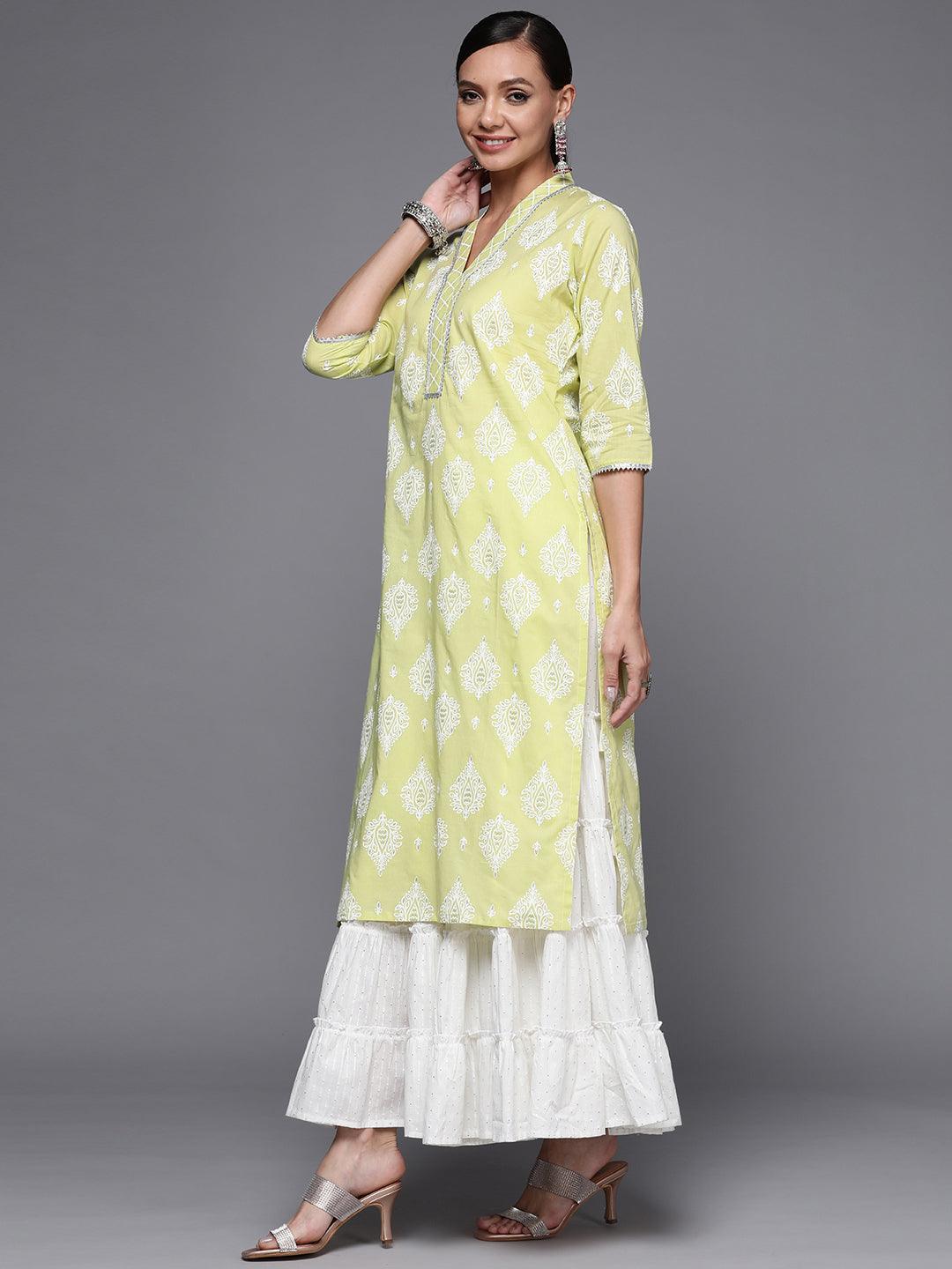 Lime Green Printed Cotton Straight Kurta - ShopLibas