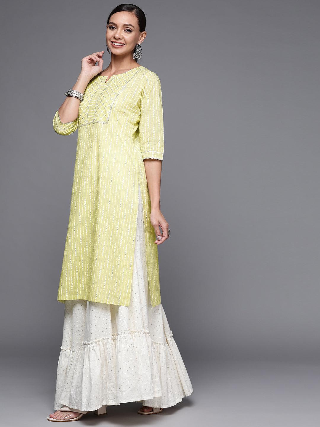 Lime Green Printed Cotton Straight Kurta - ShopLibas
