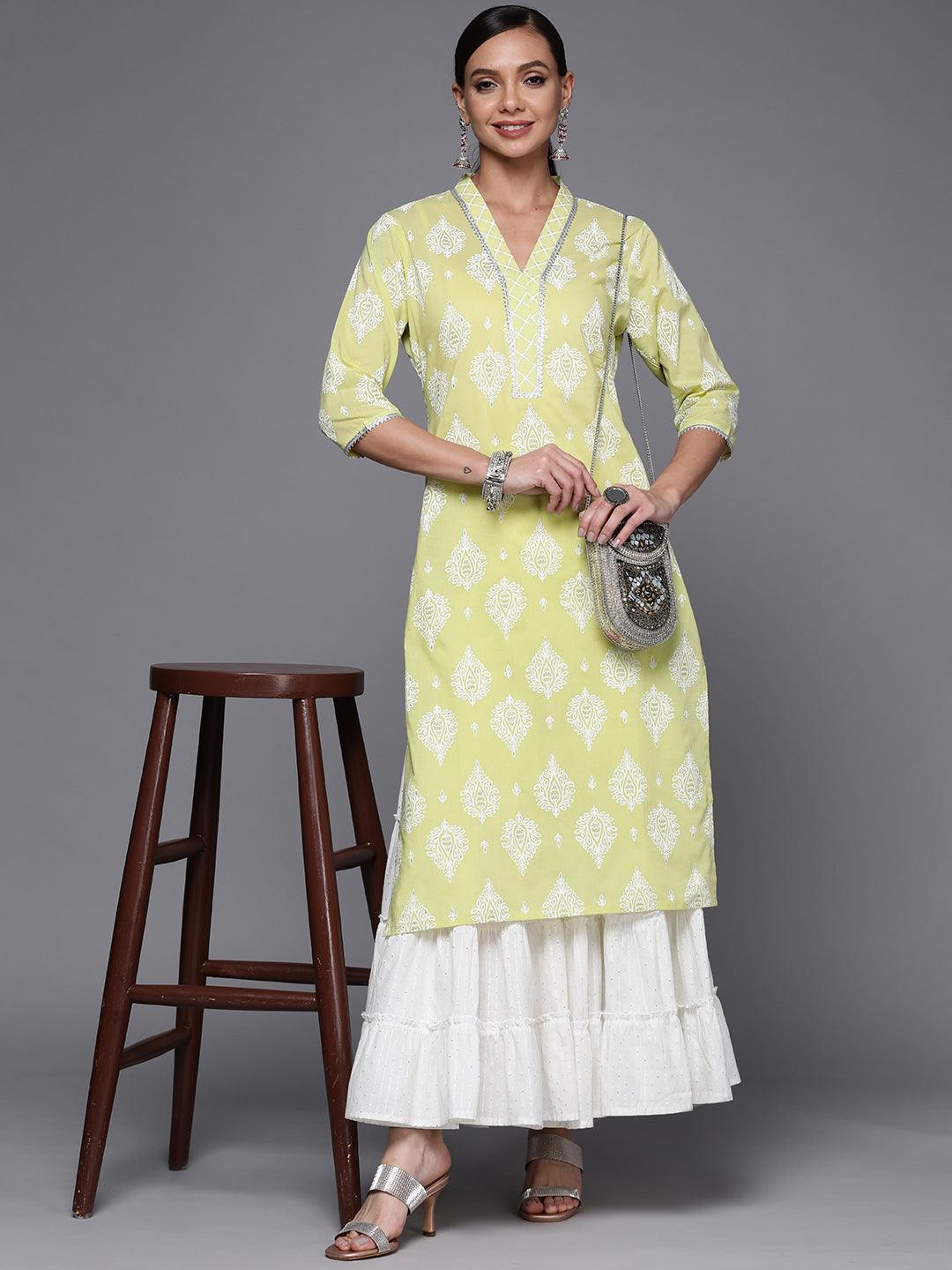 Lime Green Printed Cotton Straight Kurta - ShopLibas
