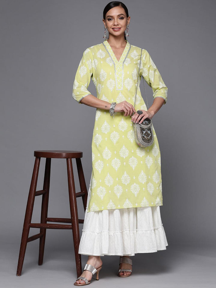 Lime Green Printed Cotton Straight Kurta