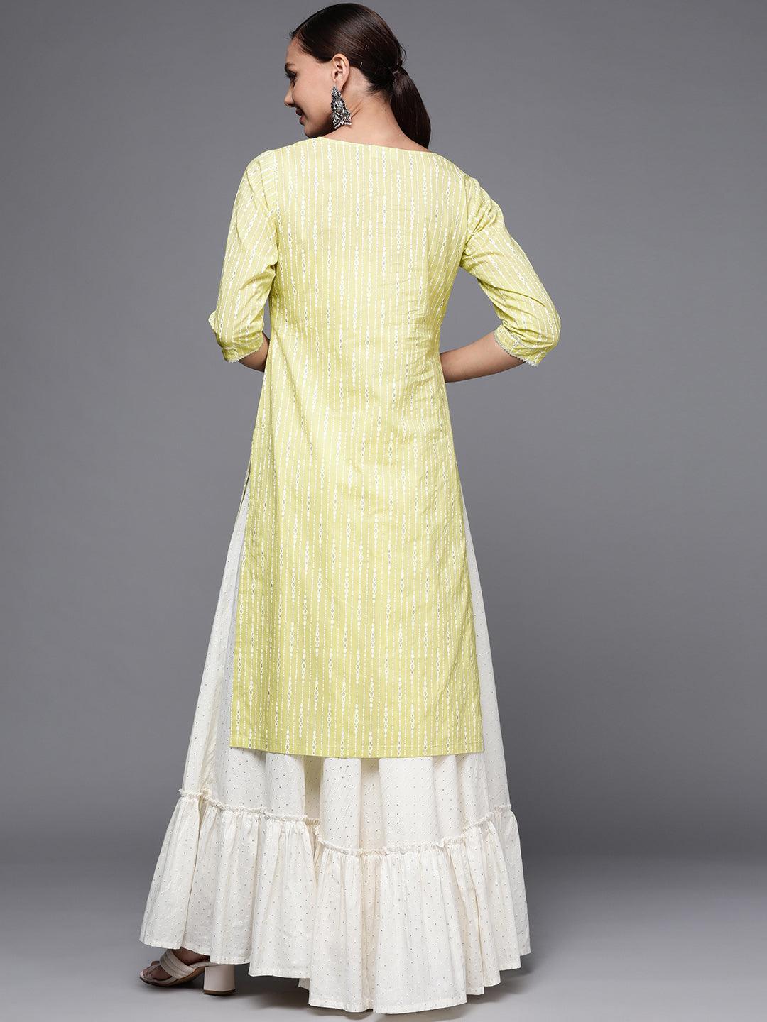 Lime Green Printed Cotton Straight Kurta - ShopLibas