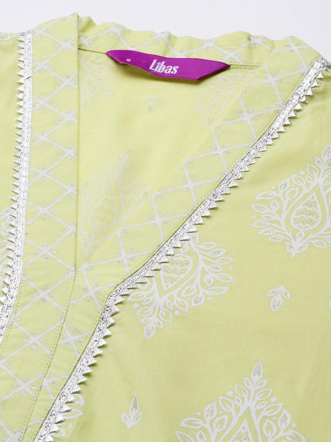 Lime Green Printed Cotton Straight Kurta - ShopLibas