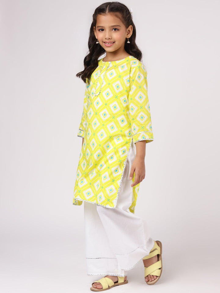 Kids Lime Green Printed Cotton Kurta Set