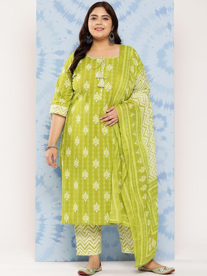 Lime Green Printed Cotton Straight Kurta With Trousers and Dupatta