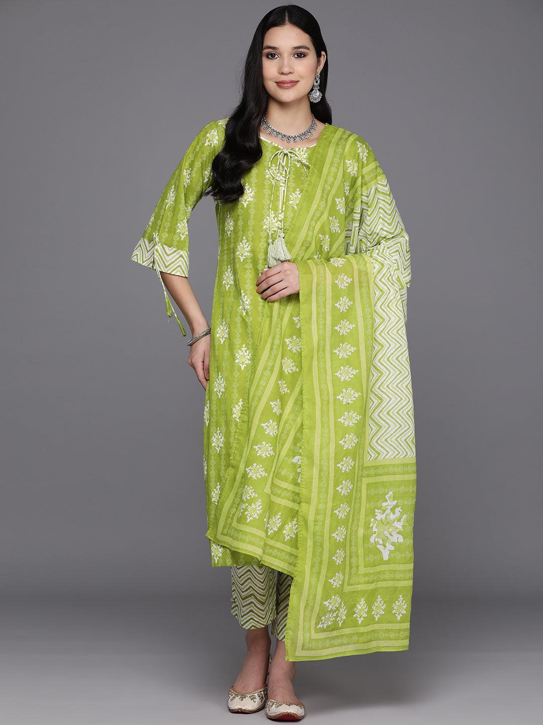 Lime Green Ethnic Printed Round Neck Pure Cotton Kurta