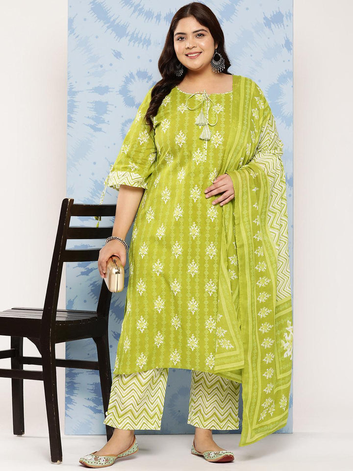 Lime Green Printed Cotton Straight Kurta With Trousers and Dupatta
