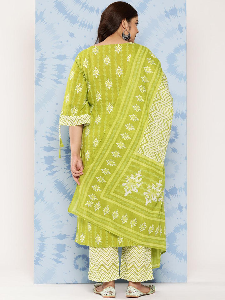 Lime Green Printed Cotton Straight Kurta With Trousers and Dupatta