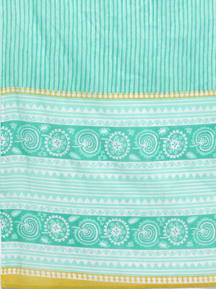 Lime Green Printed Cotton Straight Kurta With Trousers & Dupatta