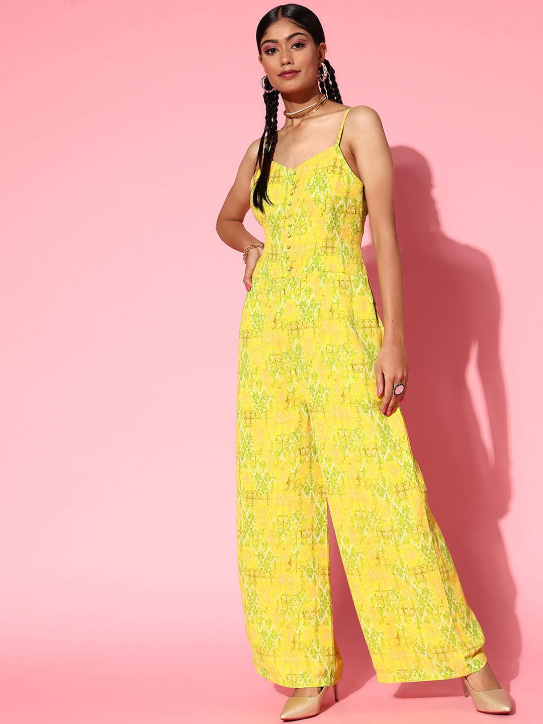 Lime Green Printed Georgette Jumpsuit - ShopLibas