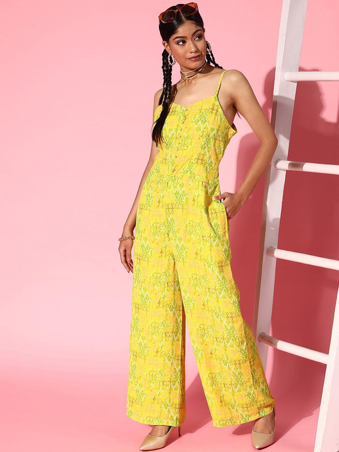 Lime Green Printed Georgette Jumpsuit - ShopLibas