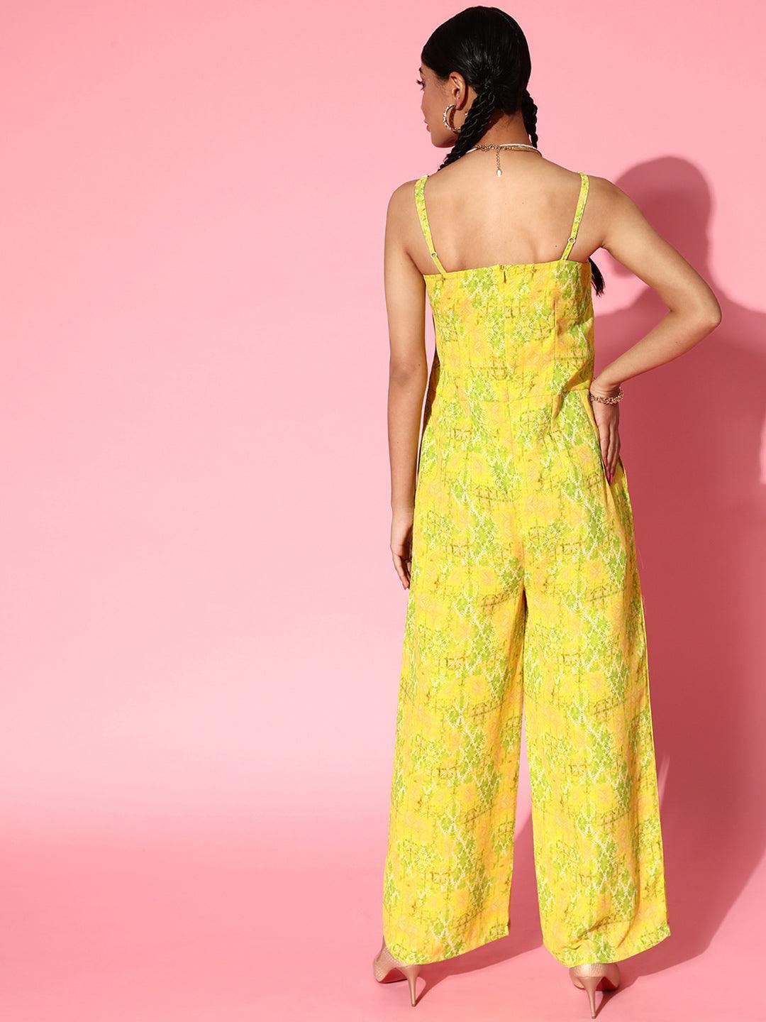 Lime Green Printed Georgette Jumpsuit - ShopLibas