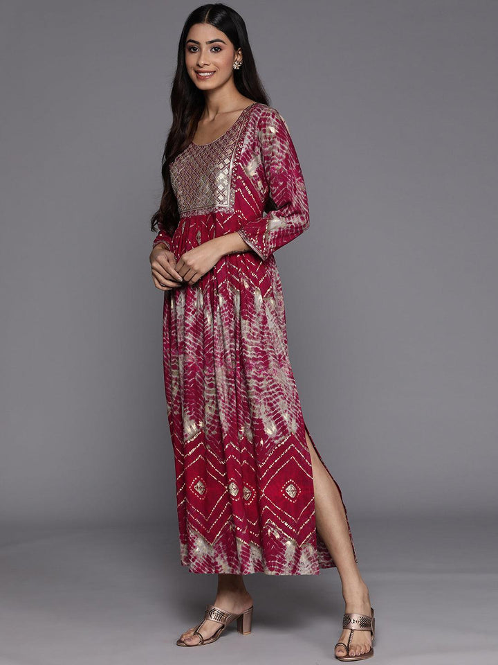 Magenta Printed Fit and Flare Rayon Dress