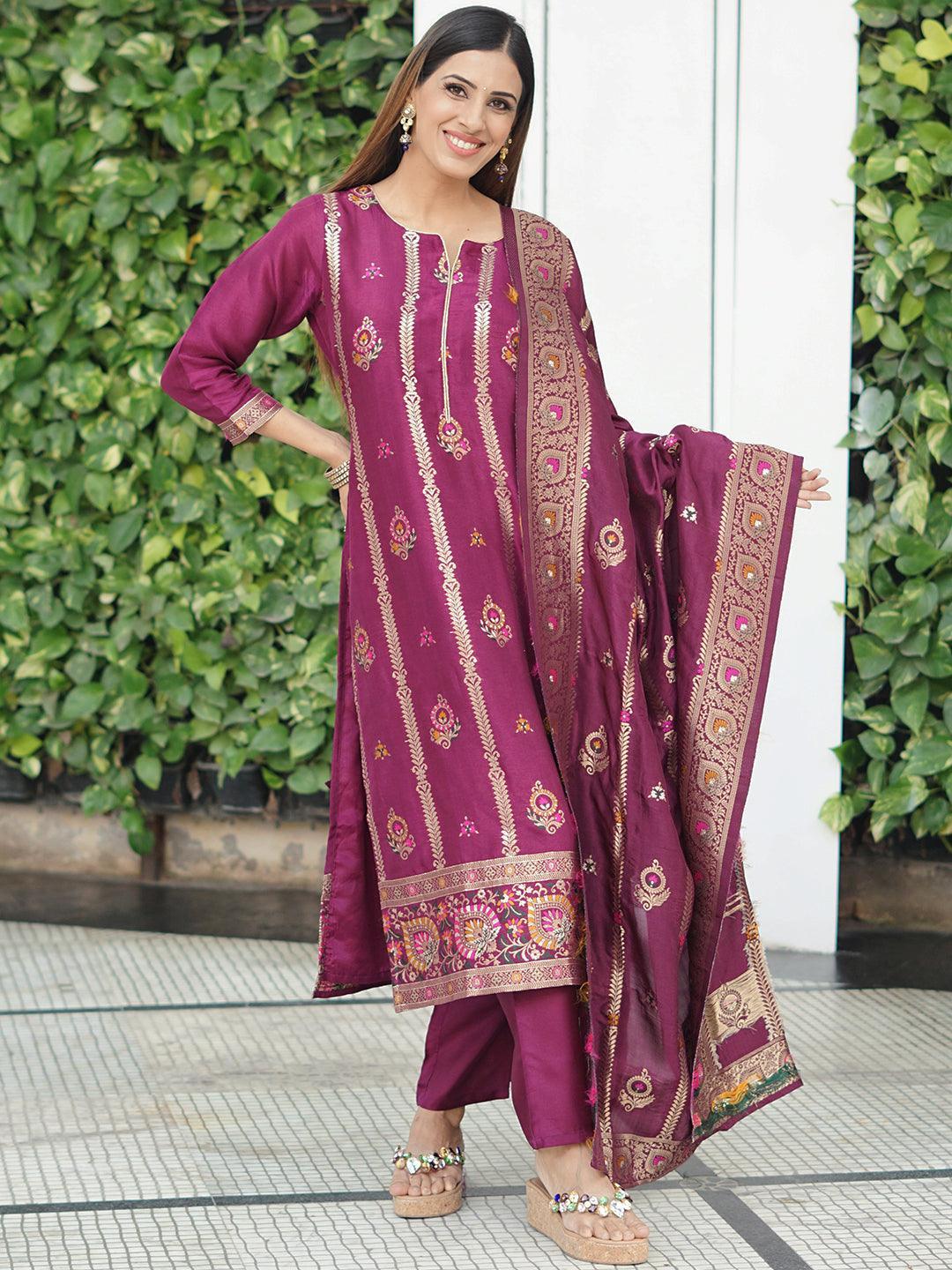 Magenta Self Design Silk Blend Straight Suit Set - ShopLibas