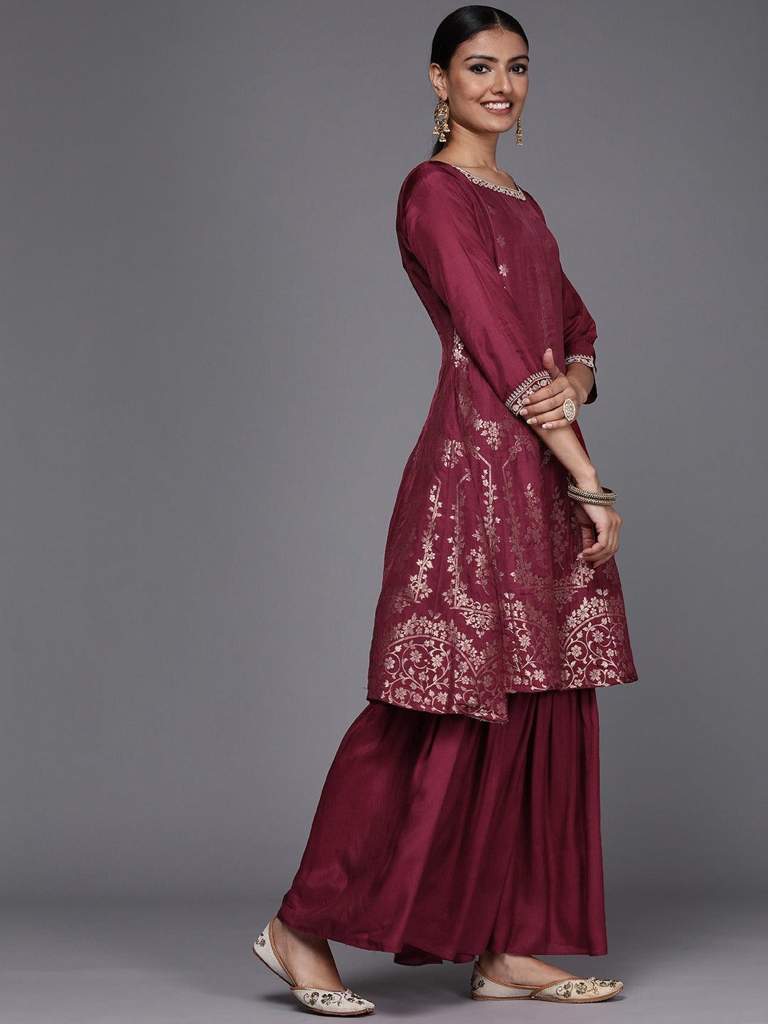Maroon Brocade Silk Blend A-Line Suit Set - ShopLibas