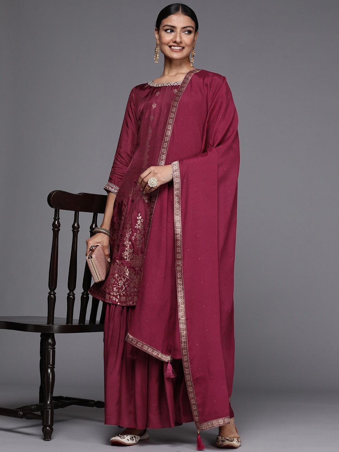 Maroon Brocade Silk Blend A-Line Suit Set - ShopLibas