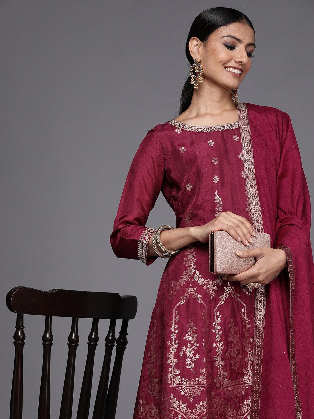 Maroon Brocade Silk Blend A-Line Suit Set - ShopLibas