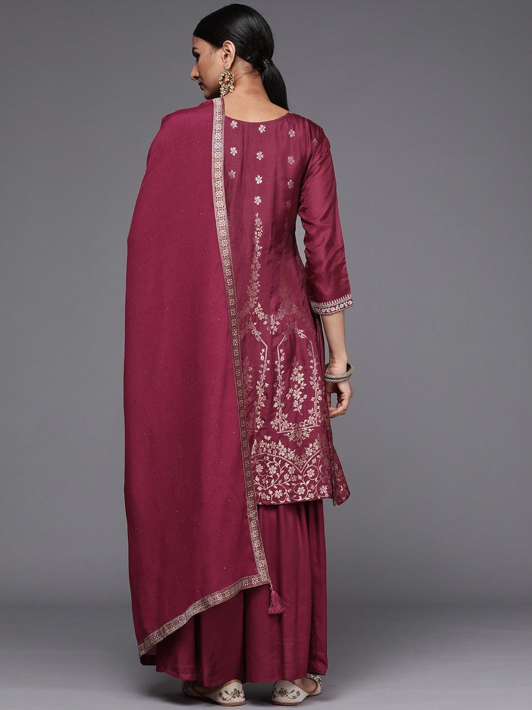Maroon Brocade Silk Blend A-Line Suit Set - ShopLibas