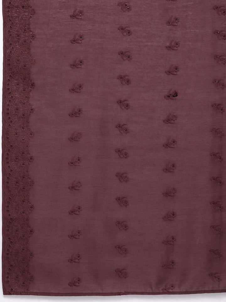 Maroon Embroidered Chanderi Silk Straight Kurta With Trousers & Dupatta