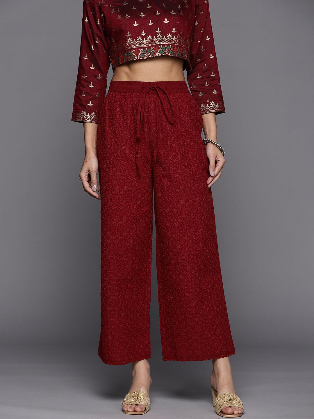 Maroon Embroidered Cotton Palazzos - ShopLibas
