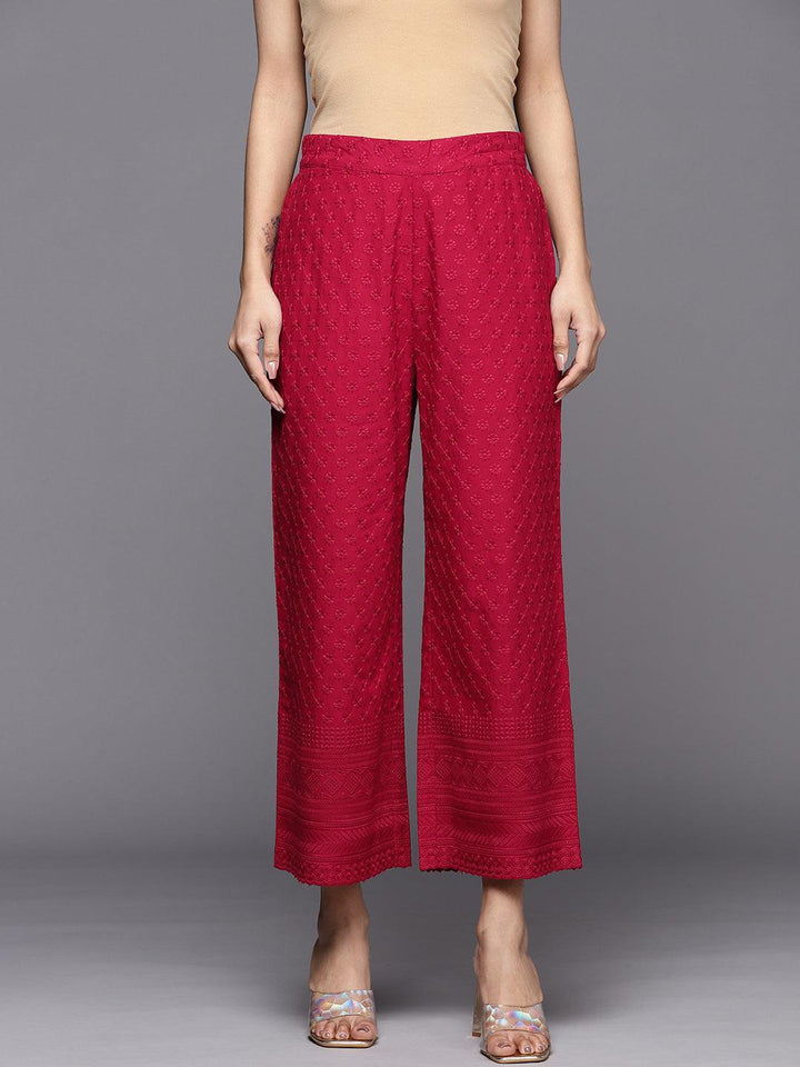 Maroon Embroidered Cotton Palazzos