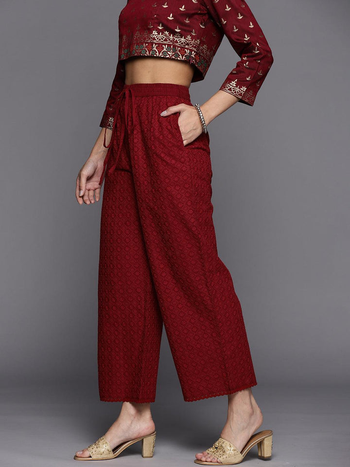 Maroon Embroidered Cotton Palazzos