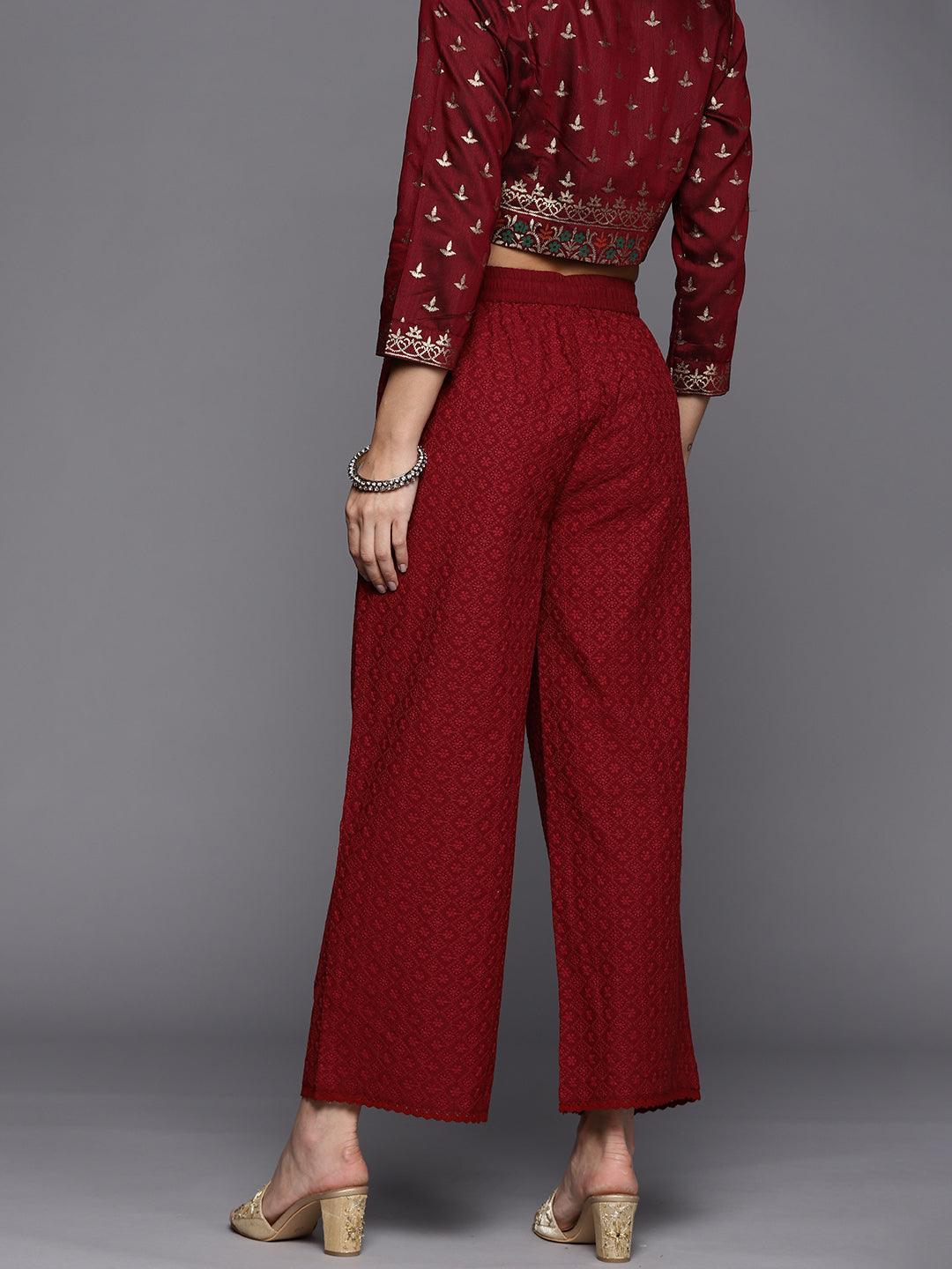 Maroon Embroidered Cotton Palazzos - ShopLibas