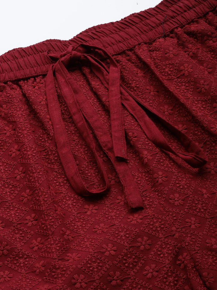 Maroon Embroidered Cotton Palazzos