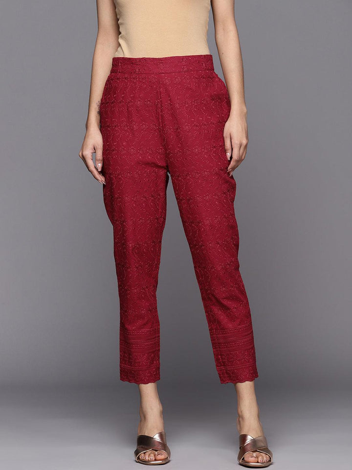 Maroon Embroidered Cotton Trousers