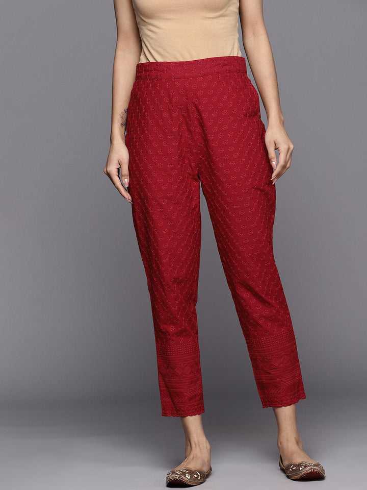 Maroon Embroidered Cotton Trousers
