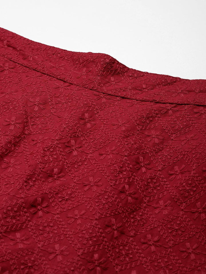 Maroon Embroidered Cotton Trousers