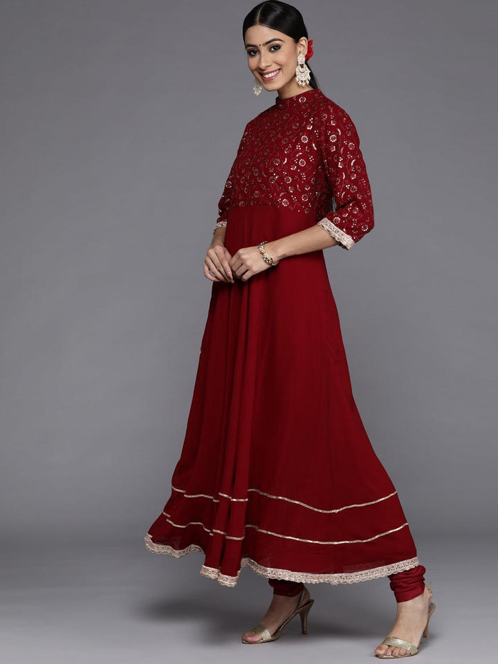 Maroon Embroidered Georgette Anarkali Kurta With Churidar & Dupatta