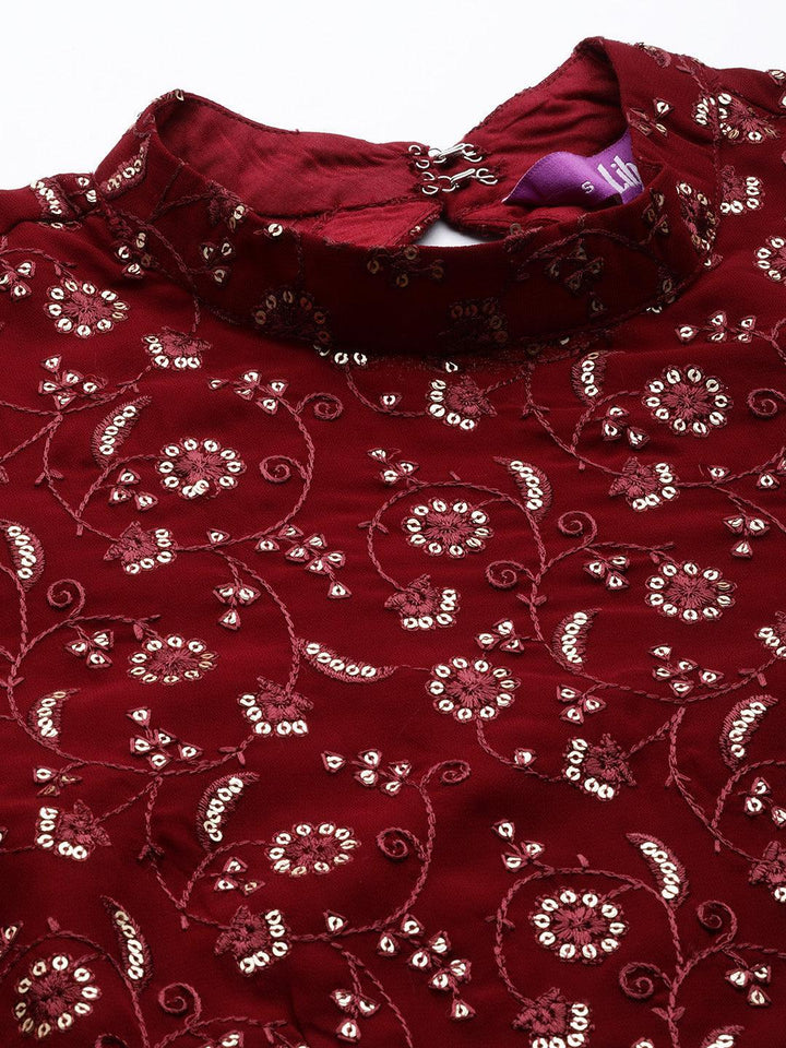 Maroon Embroidered Georgette Anarkali Kurta With Churidar & Dupatta