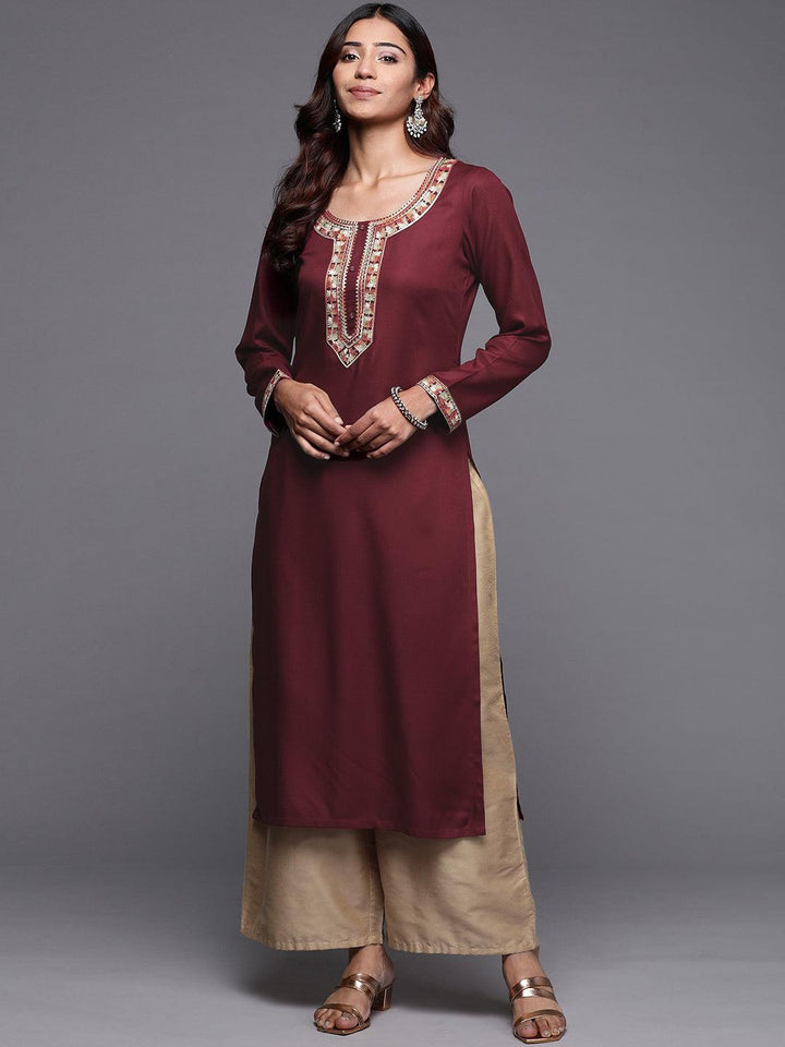 Maroon Embroidered Pashmina Wool Straight Kurta