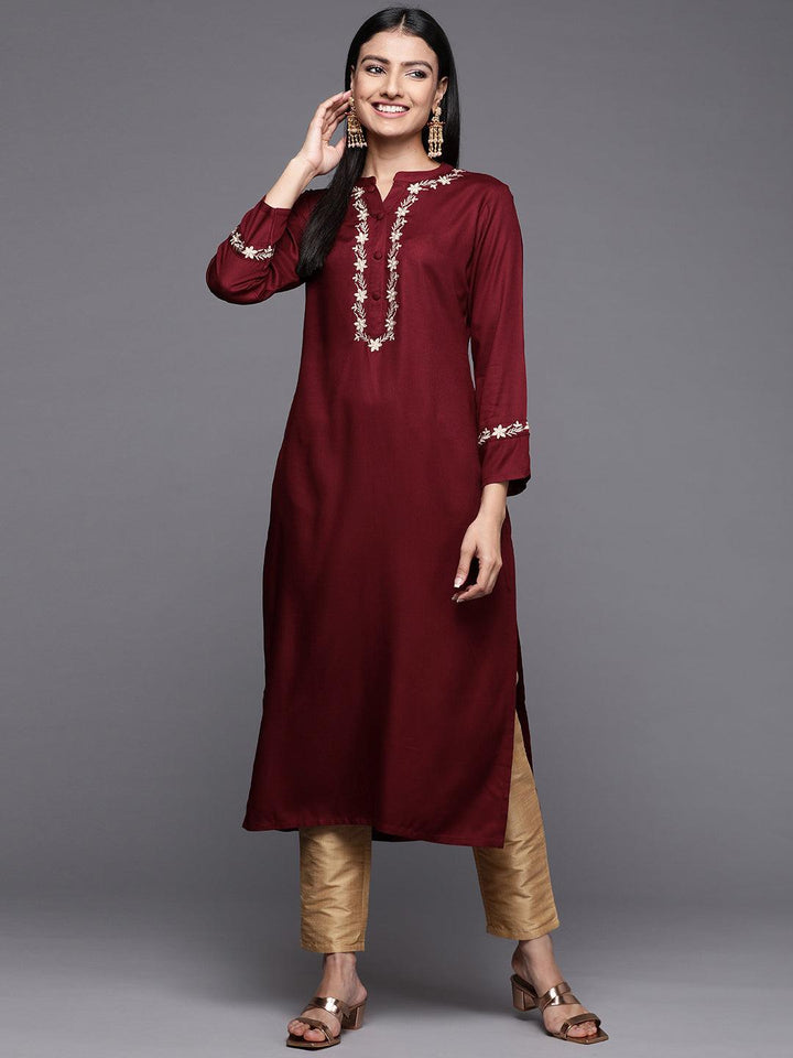 Maroon Embroidered Pashmina Wool Straight Kurta